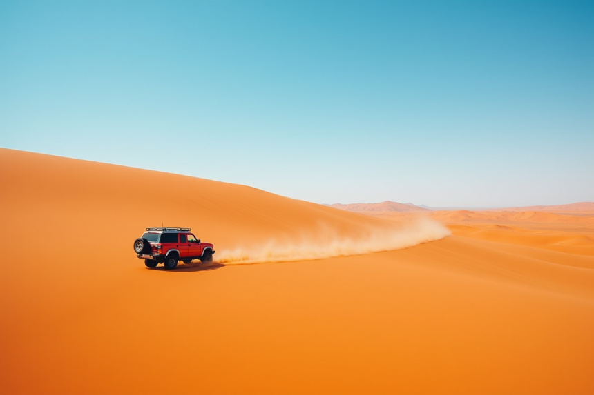 Véhicule 4x4 traversant dunes orange dans le désert namibien