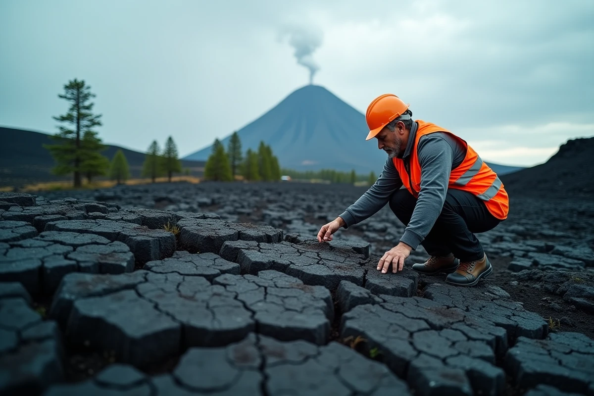 Volcanologue en équipement de sécurité examinant des formations de lave solidifiée au pied de l'Etna en Sicile