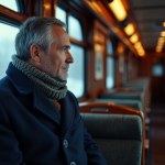 Homme d'âge moyen dans un train russe hiver contemplant la vue