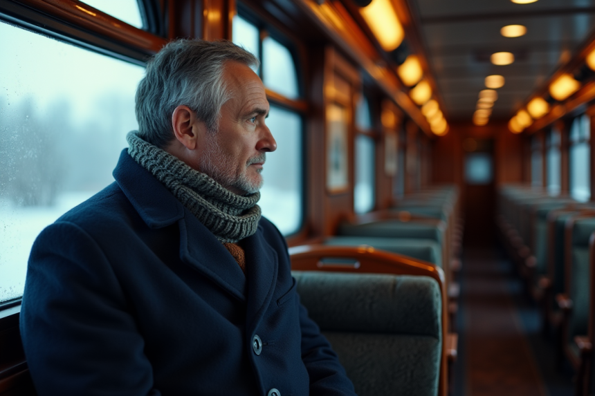 Homme d'âge moyen dans un train russe hiver contemplant la vue