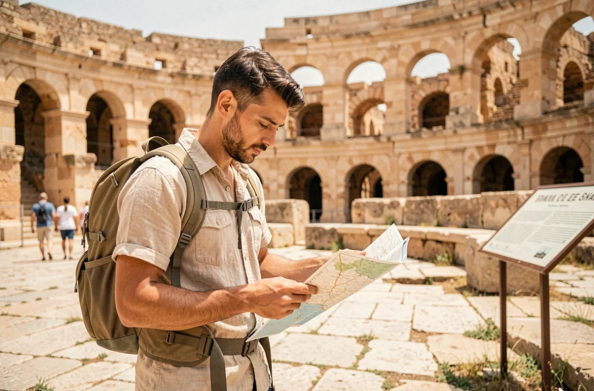Voyageur solo consultant une carte papier devant les ruines d'un amphithéâtre romain en Afrique du Nord
