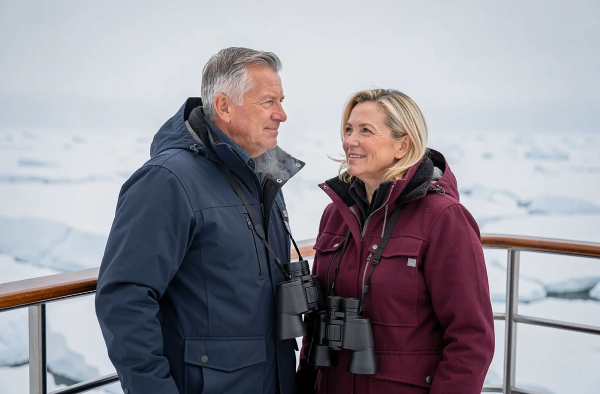 Couple de voyageurs aisés sur le pont d'observation d'un navire de croisière polaire de luxe face aux glaces