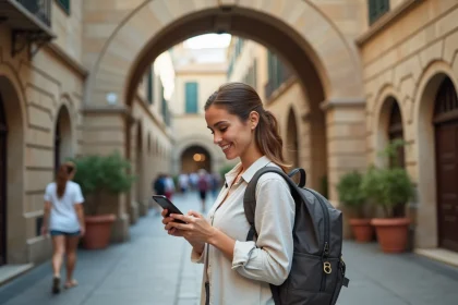 Voyageuse consultant l'application Get Your Guide sur son smartphone devant une arche historique en Europe