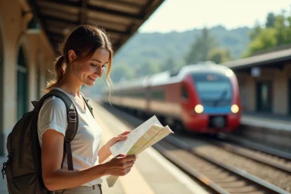 Voyageuse consultant une carte sur le quai d'un train régional pour rejoindre la cascade de la Vis depuis Montpellier