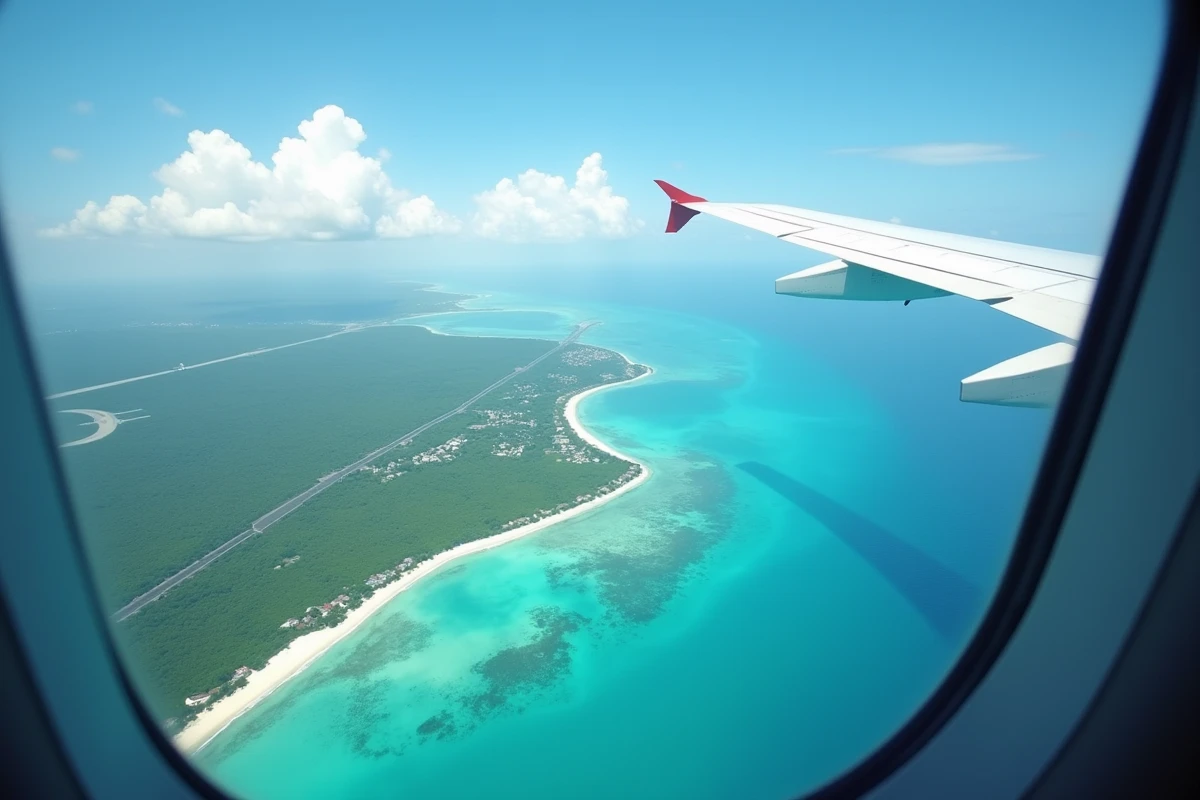 Vue aérienne depuis un hublot d'avion sur une côte caribéenne avec piste d'aéroport visible