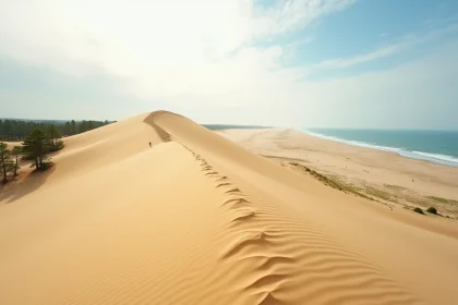 Vue panoramique de la Dune du Pilat avec la forêt des Landes et l'océan Atlantique en arrière-plan
