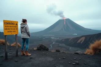 Femme randonneuse observant un volcan actif en Italie depuis une zone de sécurité balisée avec panneau d'avertissement en avant-plan